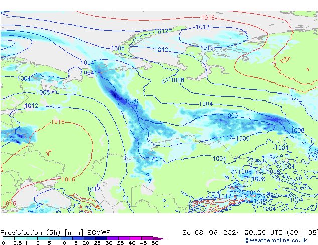 Precipitation (6h) ECMWF Sa 08.06.2024 06 UTC