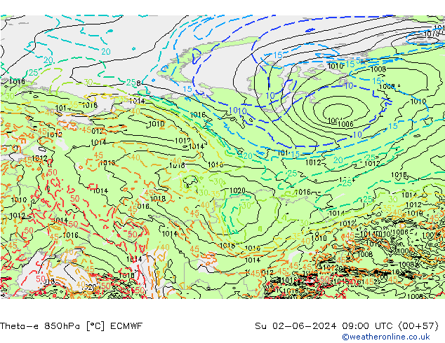 Theta-e 850hPa ECMWF dom 02.06.2024 09 UTC