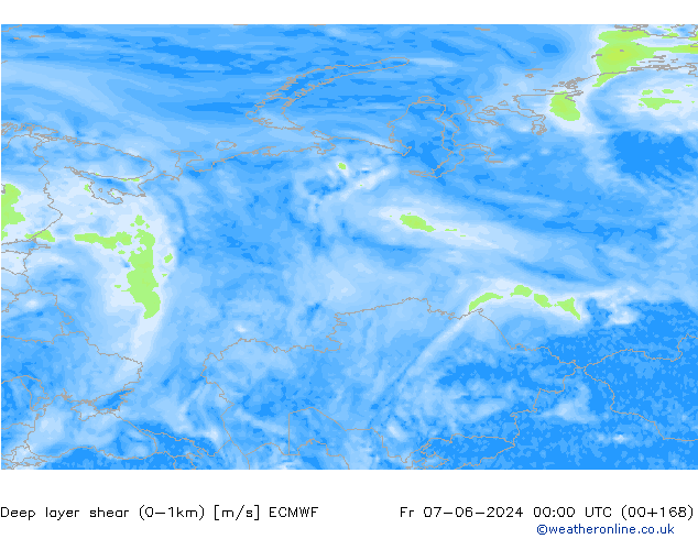 Deep layer shear (0-1km) ECMWF Sex 07.06.2024 00 UTC
