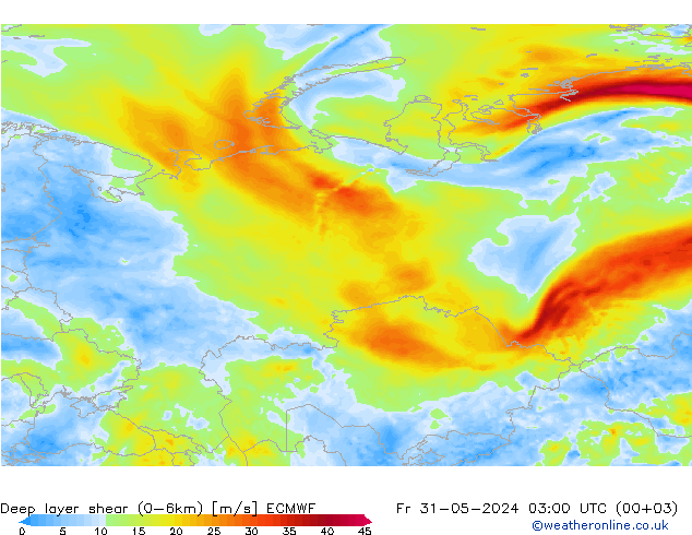 Deep layer shear (0-6km) ECMWF пт 31.05.2024 03 UTC