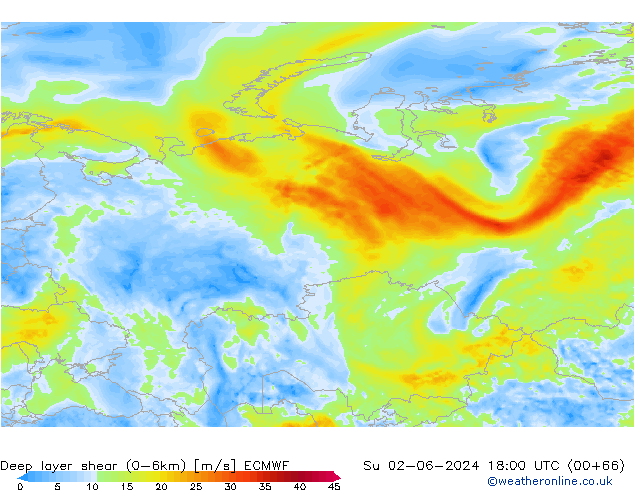 Deep layer shear (0-6km) ECMWF dom 02.06.2024 18 UTC