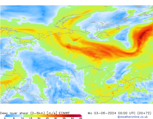 Deep layer shear (0-6km) ECMWF Pzt 03.06.2024 00 UTC