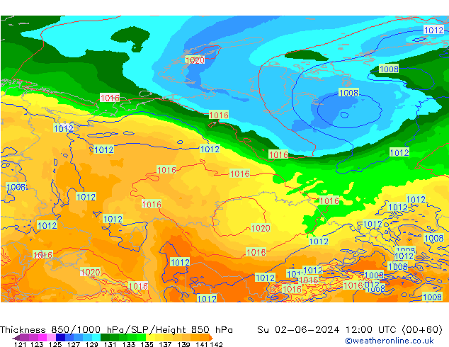 Thck 850-1000 гПа ECMWF Вс 02.06.2024 12 UTC