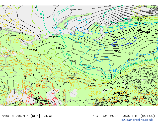 Theta-e 700hPa ECMWF Fr 31.05.2024 00 UTC