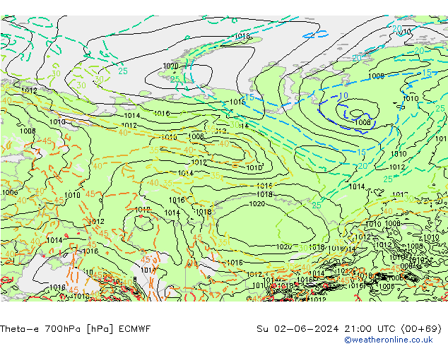 Theta-e 700hPa ECMWF Paz 02.06.2024 21 UTC