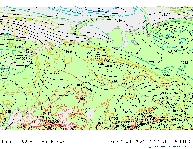 Theta-e 700hPa ECMWF ven 07.06.2024 00 UTC