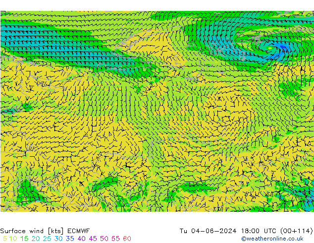 Surface wind ECMWF Út 04.06.2024 18 UTC