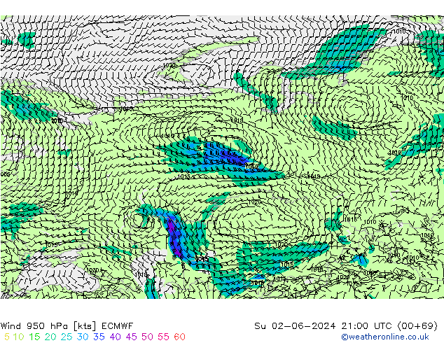 Wind 950 hPa ECMWF Su 02.06.2024 21 UTC