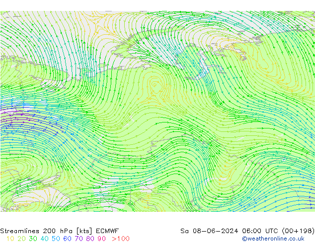 Linia prądu 200 hPa ECMWF so. 08.06.2024 06 UTC