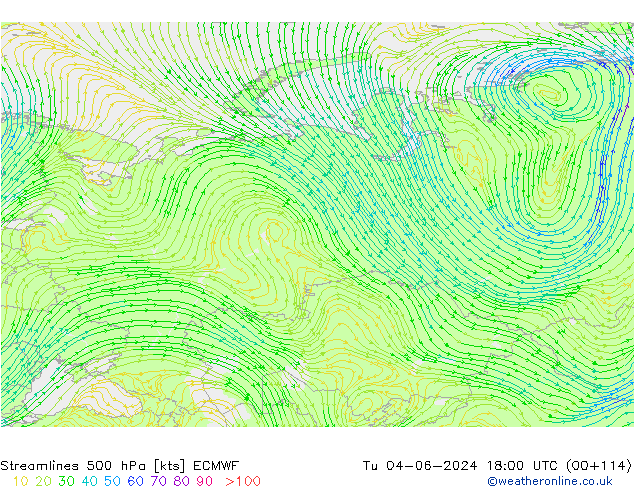 Linia prądu 500 hPa ECMWF wto. 04.06.2024 18 UTC