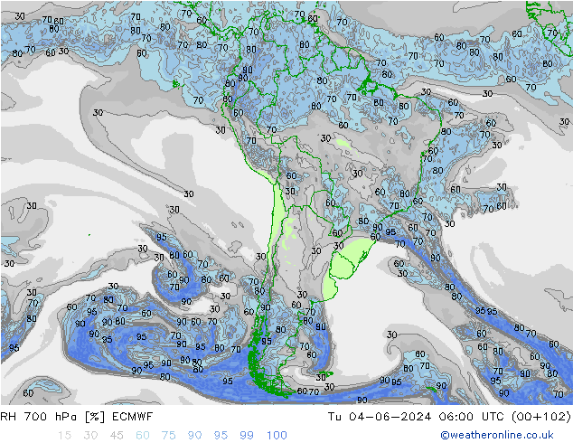 RH 700 hPa ECMWF Tu 04.06.2024 06 UTC