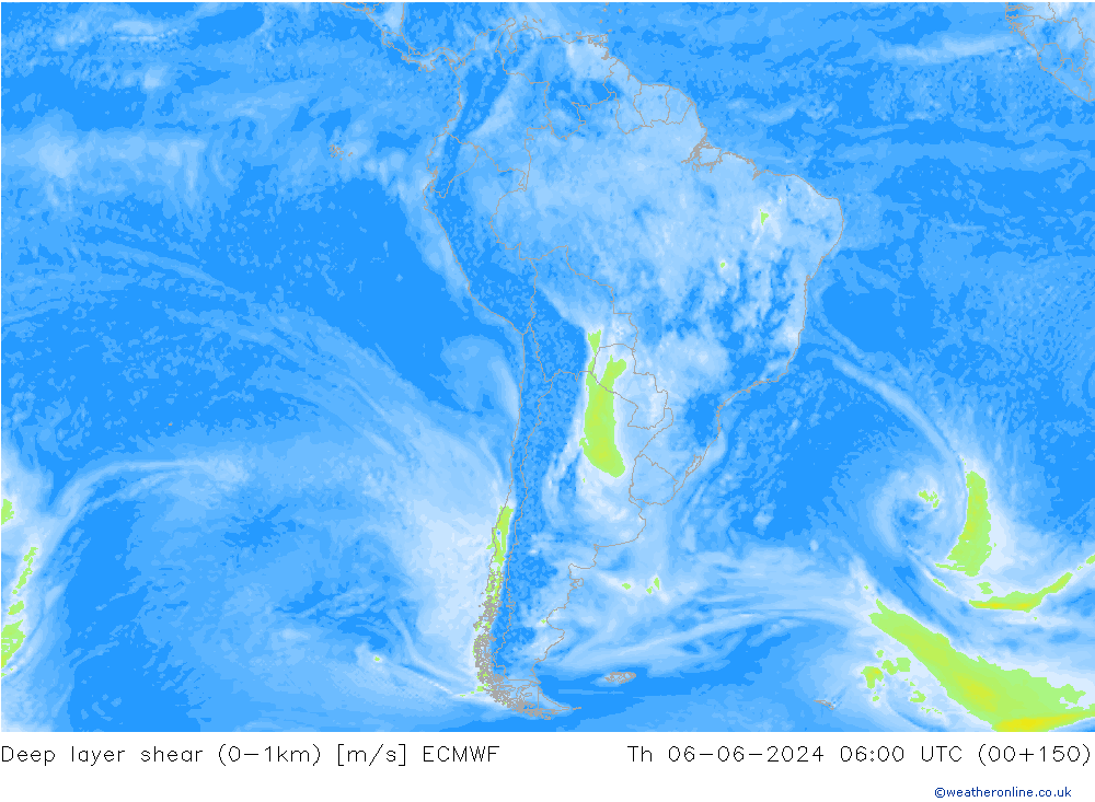 Deep layer shear (0-1km) ECMWF Čt 06.06.2024 06 UTC