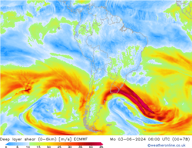 Deep layer shear (0-6km) ECMWF  03.06.2024 06 UTC