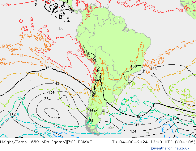 Height/Temp. 850 hPa ECMWF Tu 04.06.2024 12 UTC