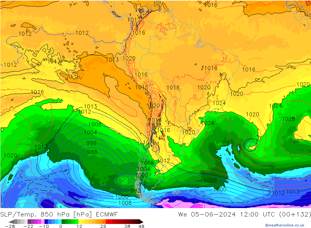 SLP/Temp. 850 hPa ECMWF Qua 05.06.2024 12 UTC