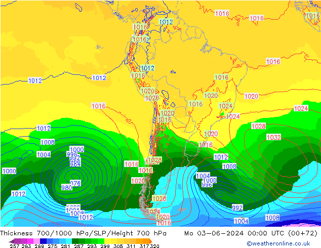 Thck 700-1000 hPa ECMWF lun 03.06.2024 00 UTC