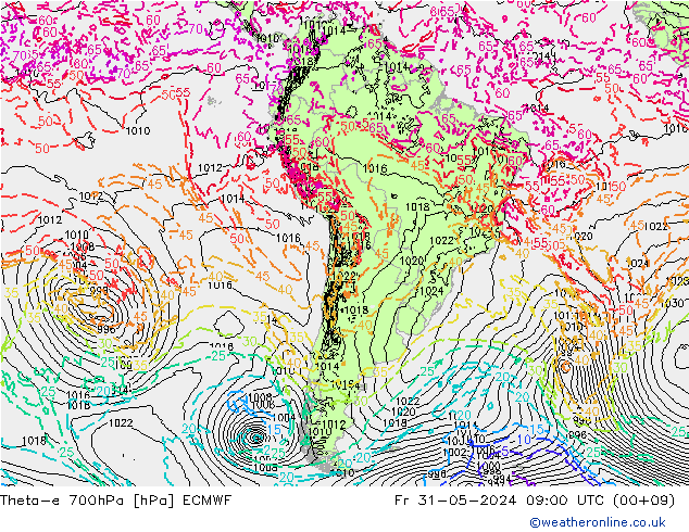 Theta-e 700hPa ECMWF Pá 31.05.2024 09 UTC