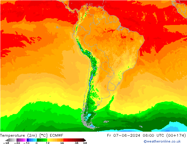 Temperatuurkaart (2m) ECMWF vr 07.06.2024 06 UTC