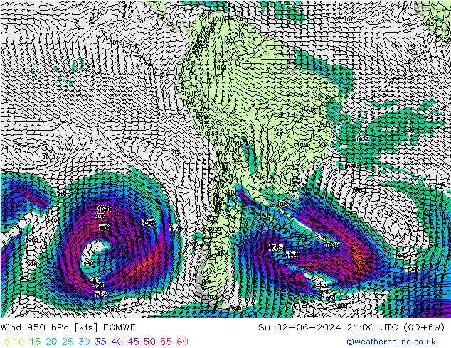 Wind 950 hPa ECMWF Su 02.06.2024 21 UTC