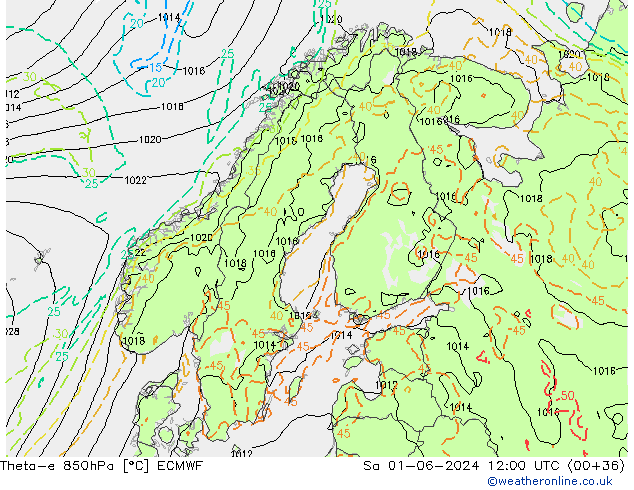 Theta-e 850hPa ECMWF Sáb 01.06.2024 12 UTC