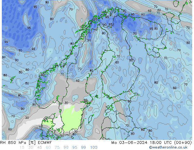 RH 850 гПа ECMWF пн 03.06.2024 18 UTC