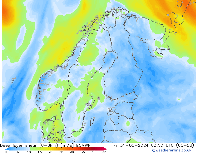 Deep layer shear (0-6km) ECMWF Fr 31.05.2024 03 UTC