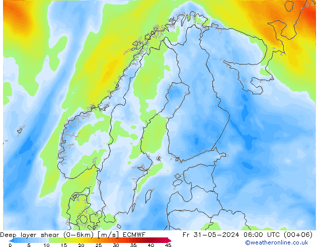 Deep layer shear (0-6km) ECMWF Fr 31.05.2024 06 UTC