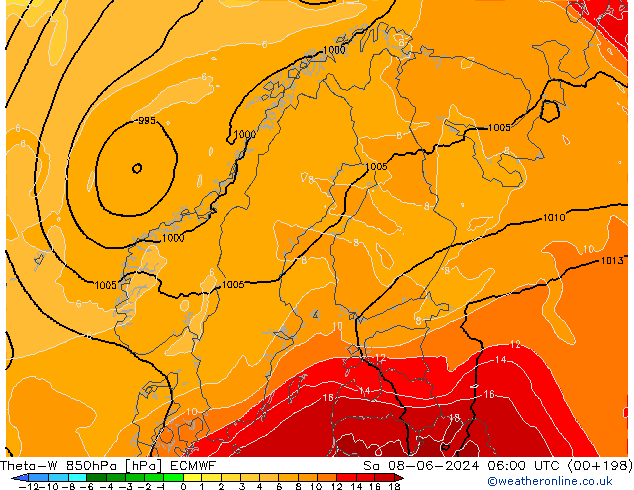 Theta-W 850hPa ECMWF So 08.06.2024 06 UTC