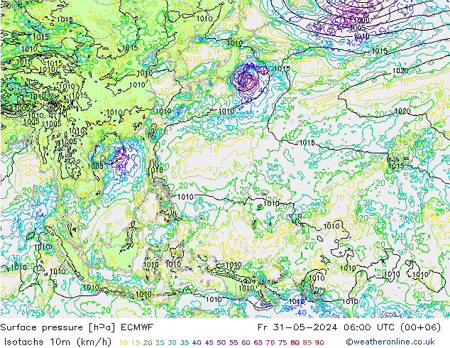 Isotachs (kph) ECMWF Fr 31.05.2024 06 UTC