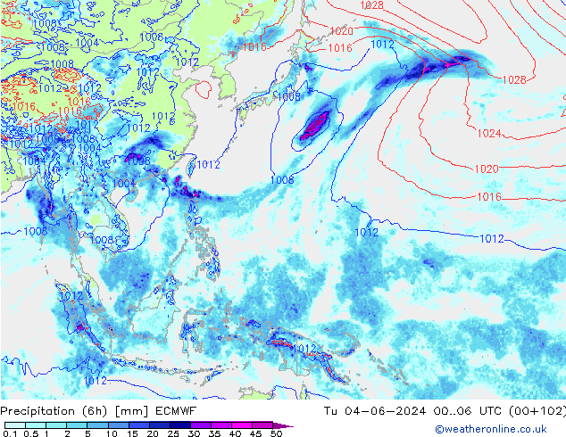 Precipitation (6h) ECMWF Út 04.06.2024 06 UTC