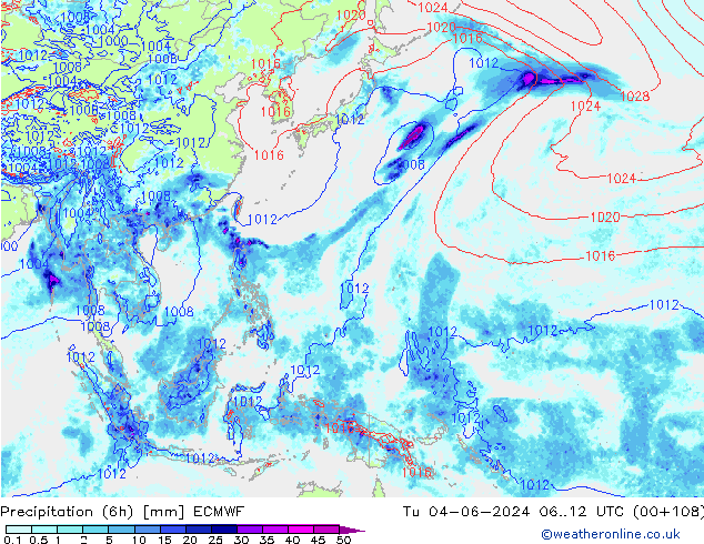 Precipitation (6h) ECMWF Tu 04.06.2024 12 UTC