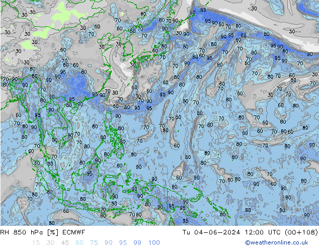 RH 850 hPa ECMWF Tu 04.06.2024 12 UTC