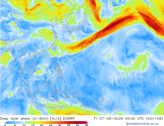 Deep layer shear (0-6km) ECMWF Fr 07.06.2024 00 UTC