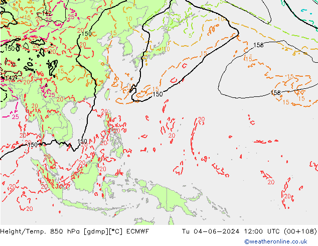 Height/Temp. 850 hPa ECMWF Út 04.06.2024 12 UTC