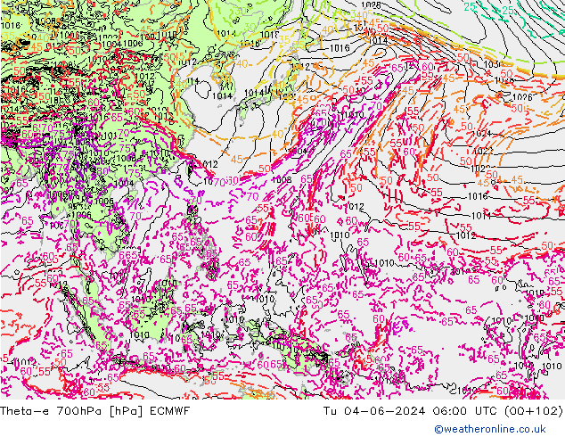 Theta-e 700hPa ECMWF Tu 04.06.2024 06 UTC