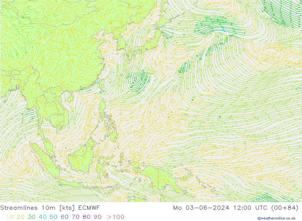 Ligne de courant 10m ECMWF lun 03.06.2024 12 UTC