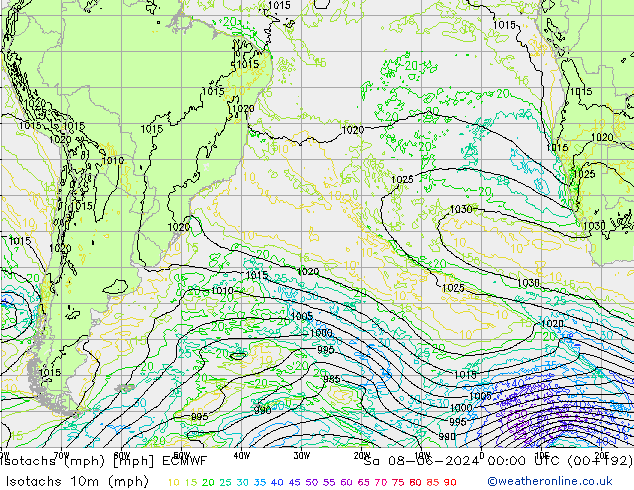 Isotachen (mph) ECMWF Sa 08.06.2024 00 UTC