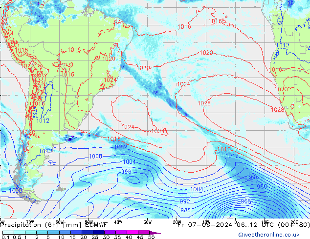 Precipitation (6h) ECMWF Fr 07.06.2024 12 UTC