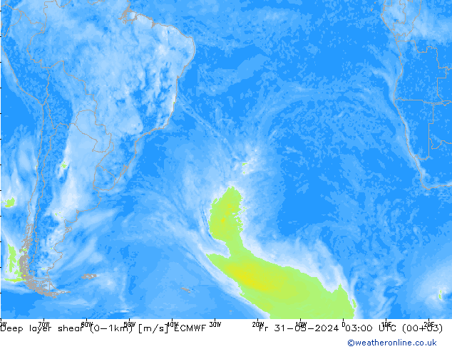 Deep layer shear (0-1km) ECMWF ven 31.05.2024 03 UTC
