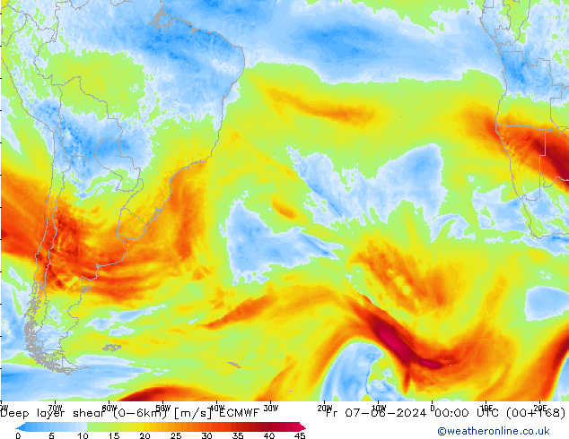 Deep layer shear (0-6km) ECMWF Fr 07.06.2024 00 UTC