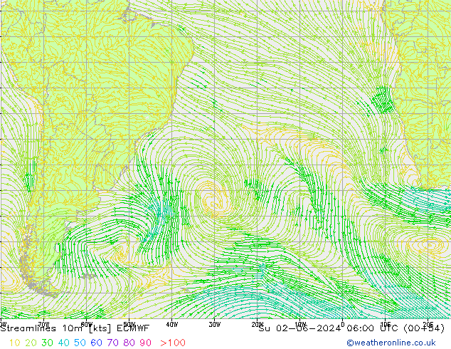 Streamlines 10m ECMWF Su 02.06.2024 06 UTC