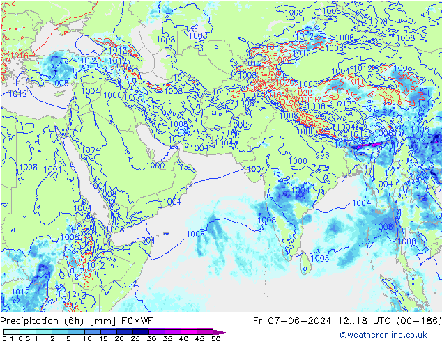 Totale neerslag (6h) ECMWF vr 07.06.2024 18 UTC