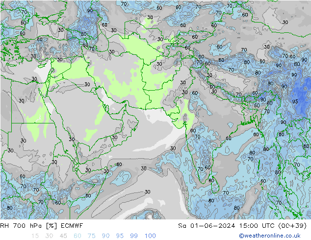 RH 700 гПа ECMWF сб 01.06.2024 15 UTC