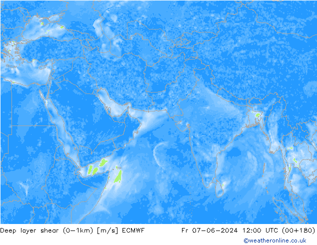 Deep layer shear (0-1km) ECMWF Fr 07.06.2024 12 UTC