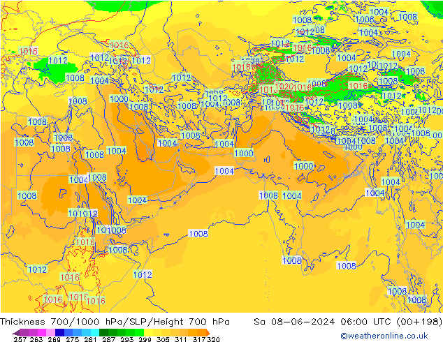 Thck 700-1000 hPa ECMWF Sáb 08.06.2024 06 UTC