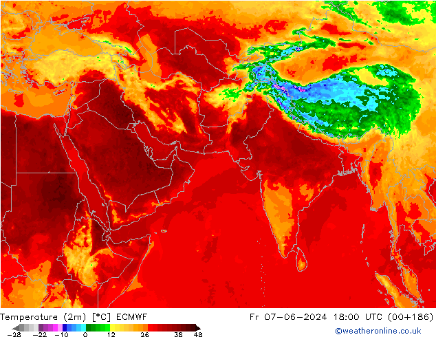 Temperatuurkaart (2m) ECMWF vr 07.06.2024 18 UTC