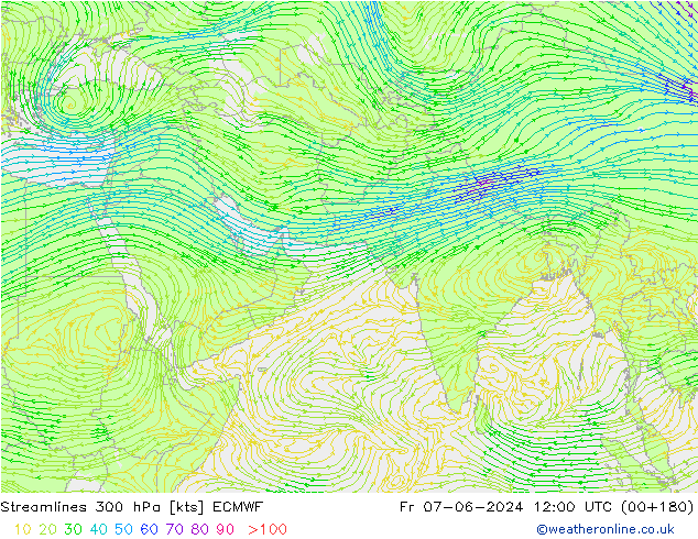 Linia prądu 300 hPa ECMWF pt. 07.06.2024 12 UTC