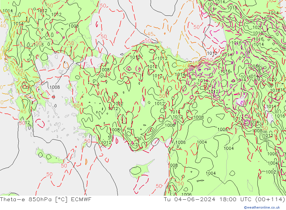 Theta-e 850гПа ECMWF вт 04.06.2024 18 UTC