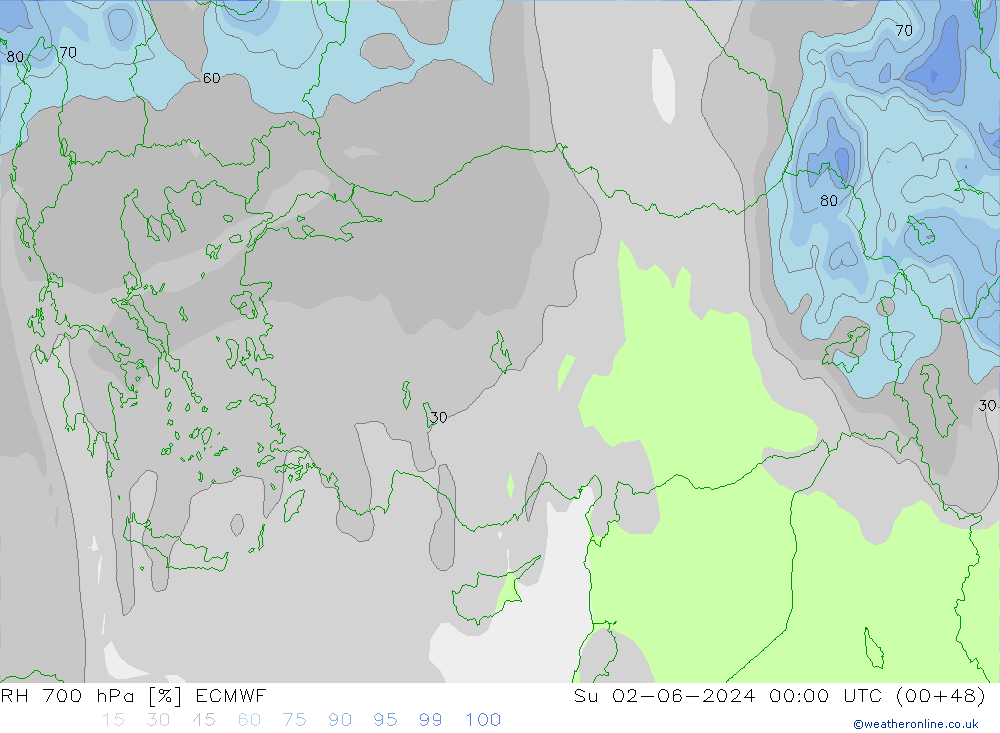 RH 700 гПа ECMWF Вс 02.06.2024 00 UTC