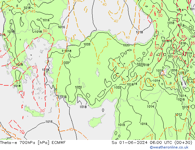 Theta-e 700hPa ECMWF za 01.06.2024 06 UTC